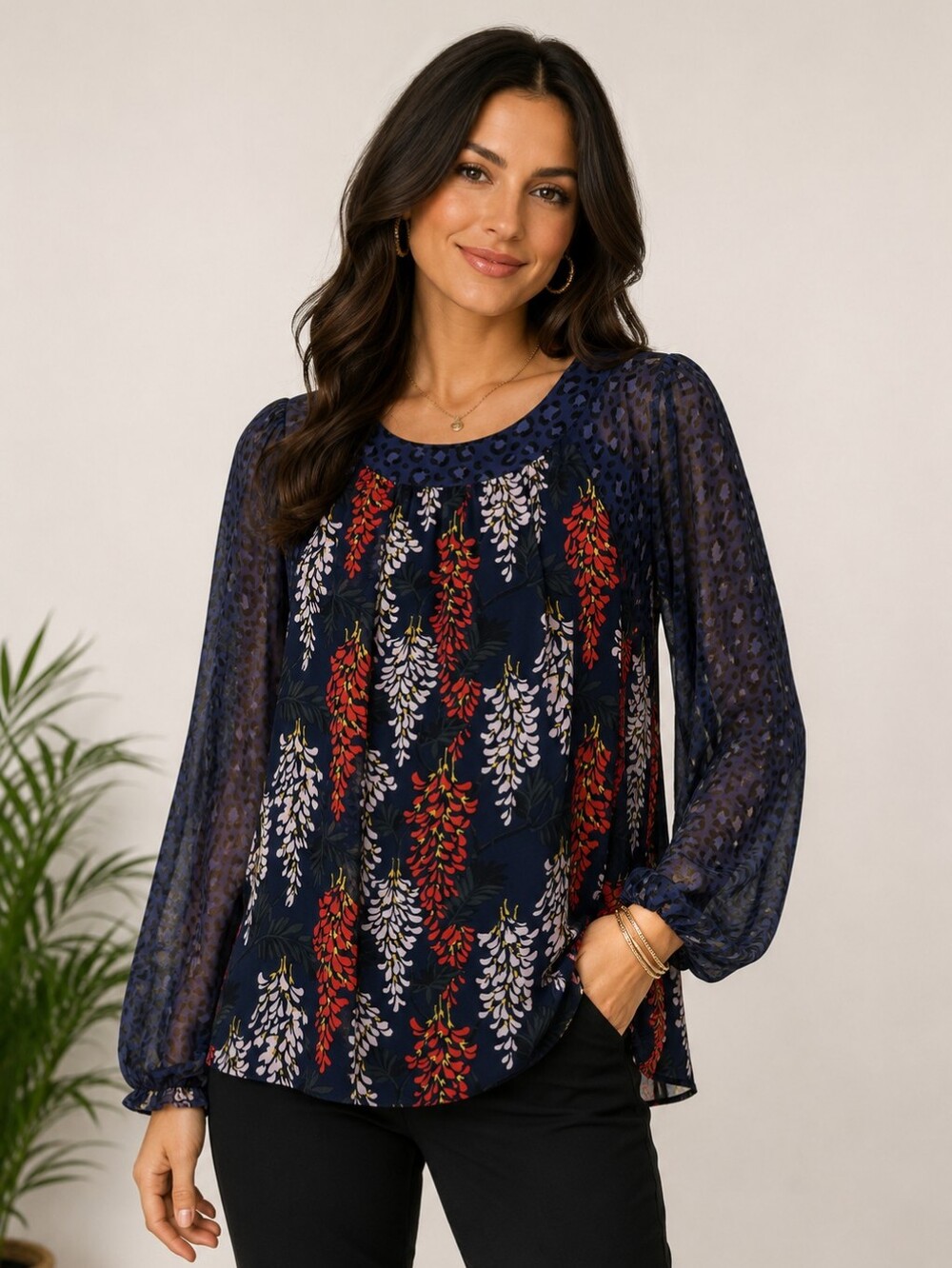Boden Navy Floral Long-Sleeve Peasant Blouse